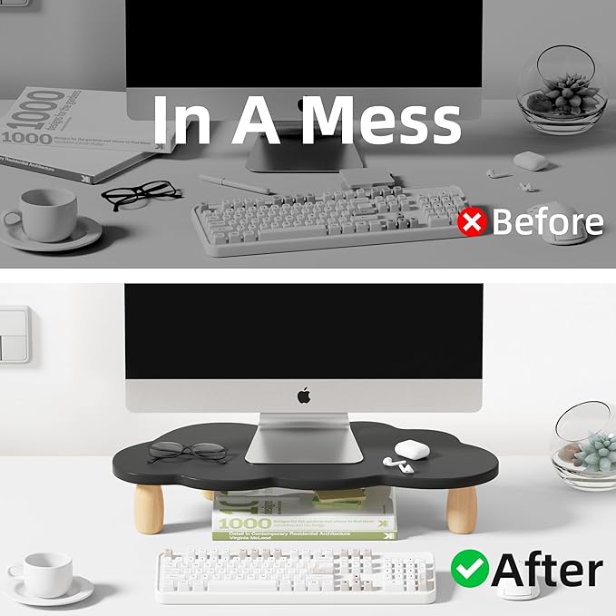 Cloud-Shaped Sturdy Wood Monitor Stand Riser, Multi-Purpose Desktop Organizer for Computer, Laptop, Printer, TV - Black