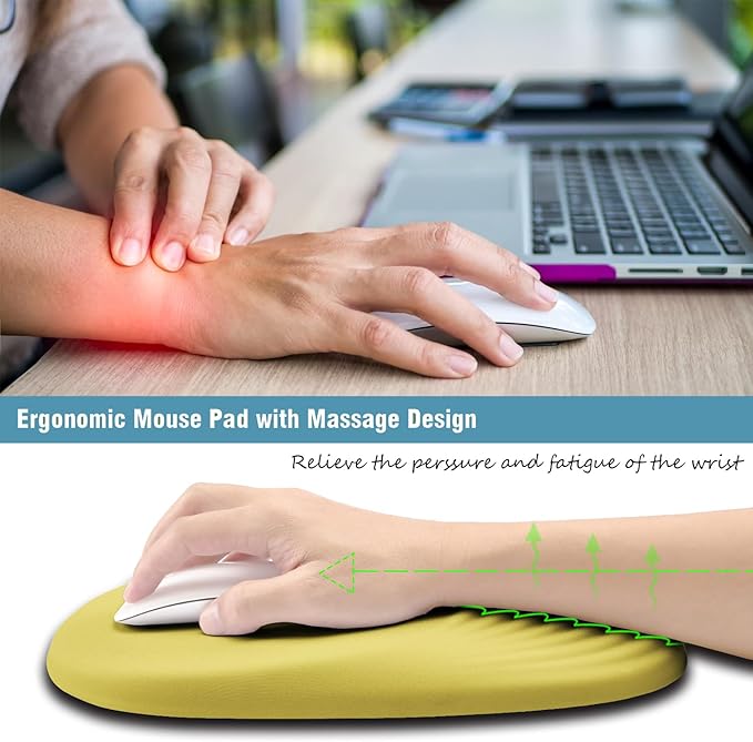 Ergonomic Mouse Pad Wrist Support, Yellow Mouse Pad with Wrist Rest, Foam Massage Design & Non-Slip PU Base MousePads for Pain Relief, Desk, Office, Home