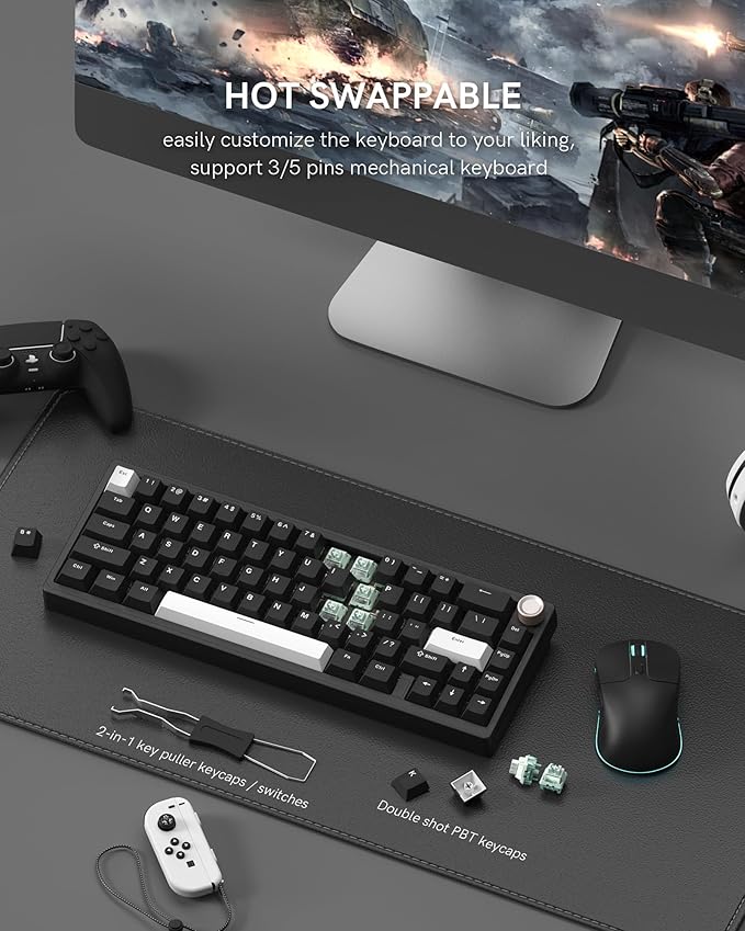Womier SK65 Wireless Mechanical Gaming Keyboard with Knob, 60 Percent Aluminium Keyboard for PC, Bluetooth 5.0/2.4GHz/USB-C Wired, Hot Swappable Custom Lineaner Switch, RGB Backlit (Black V2)