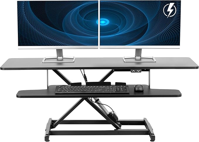 VIVO 47 inch Electric Motor Desk Converter, Height Adjustable Riser, Sit to Stand Dual Monitor and Laptop Workstation with Wide Keyboard Tray, Black, DESK-VE48B