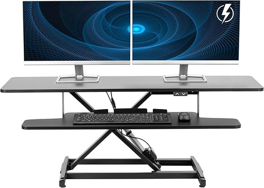 VIVO 47 inch Electric Motor Desk Converter, Height Adjustable Riser, Sit to Stand Dual Monitor and Laptop Workstation with Wide Keyboard Tray, Black, DESK-VE48B