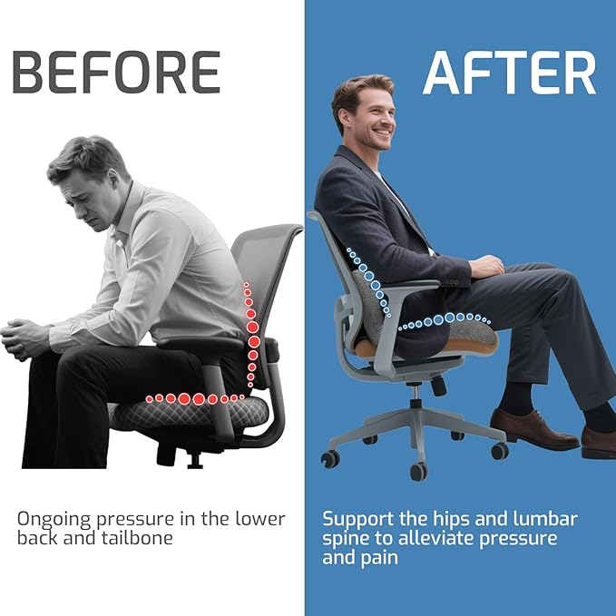 Memory Foam Seat Cushion,Office Chair Cushion with Lumbar Support for Back Pressure Relief, Car Seat Cushion with Adjustable Strap,Sciatica Pad Cushions for Car,Truck, Desk,Gaming Chair