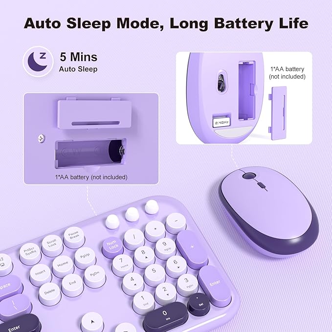 MOFII Wireless Keyboard and Mouse Combo, Cute Keyboard Full Size and Wireless Mouse, 2.4GHz Retro Typewriter Keyboard Wireless Mouse Set for PC/Desktop/Laptop/Windows (Violet)