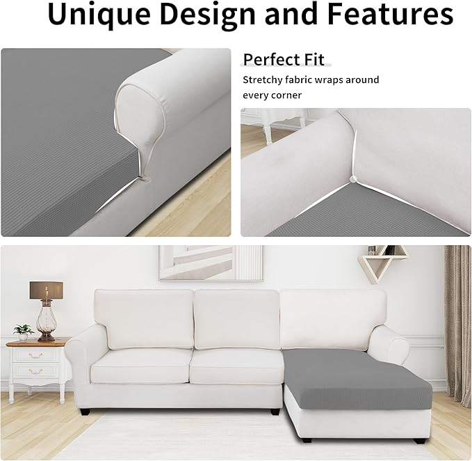 Easy-Going Stretch Sectional Couch Covers 1 Piece Chaise Lounge Slipcover L Shape Separate Cushion Couch Seat Chaise Cover for Both Left/Right Sectional Couch Light Gray