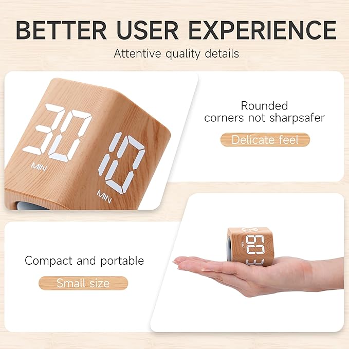 Productivity Timer 1, 5, 10, 30, 60 Minutes Preset, Desk Cube Timer with Gravity Sensor/Mute/Vibration for ADHD, Work, Study, Kitchen, Back to School (2, Wood Grain＆Black)