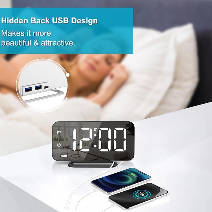 Slim LED Digital Alarm Clock, Mirror Surface for Makeup, with Diming, Large Display, Easy Setting, USB Ports, Modern Decor for Bedroom, Desk, Idea for Women, Sister, College Girl, Black