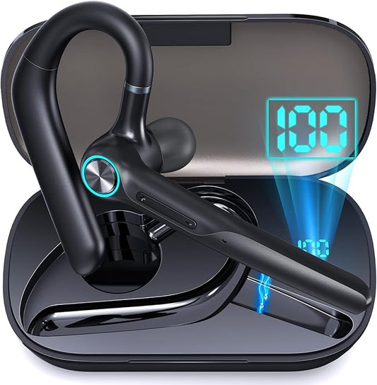 Bluetooth Headset Wireless Earpiece 60Hrs Playback Built-in Dual Mic Noise Canceling Wireless Headset Earphone with 400mAh LED Charging Case for Business Office Trucker (Black)