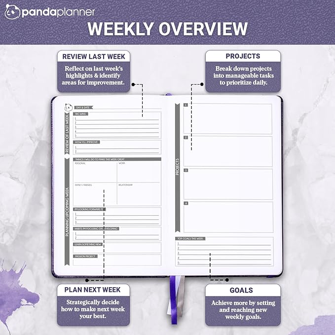 Panda Planner Classic Daily Planner 2025-2026 – Undated Day Planner & Productivity Calendar Notebook for Focus, Goals & Time Management – Purple