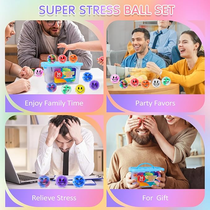 36 Pack Stress Balls, Squishy Ball for Adults, Squeeze Balls to Relax, Anti-Anxiety Fidget Balls for Party Favors, Birthday Gifts, Goodie Bag Stuffers