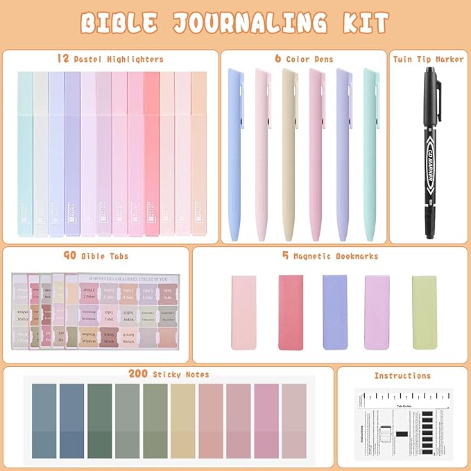 Bible Journaling Kit, Include 12 Bible Highlighters and 6 Pens No Bleed, 90 Laminated Bible Tabs, Magnetic Bookmarks, Sticky Notes, Study Supplies Essentials Set for Women & Men