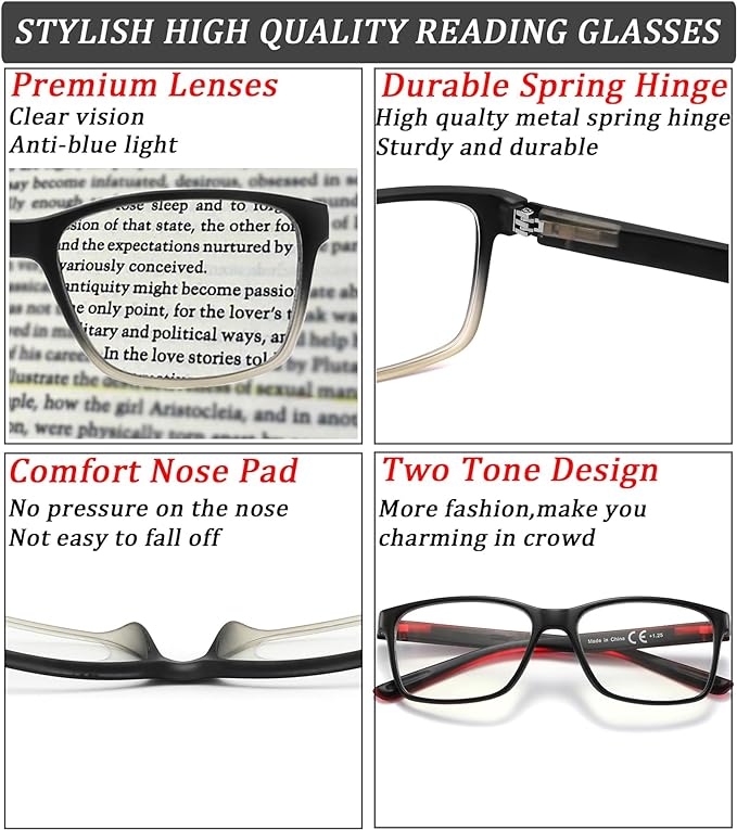 Blue Light Blocking Reading Glasses for Men,4 Pack Stylish Computer 3.75 Readers with Spring Hinges,Anti Glare/Eye Strain Filter UV Ray Magnigying Reader Eyeglasses,+3.75 Magnification Strength