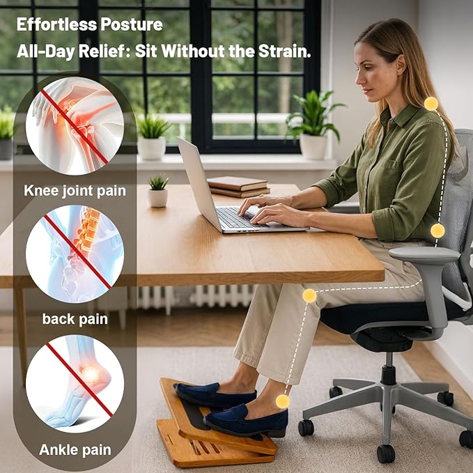 Foot Rest for Under Desk at Work - Wooden Adjustable Office Footrest with Foam Cushion Pad, 4 Heights & Ergonomic Anti-Slip Design for Home & Office (Natural)