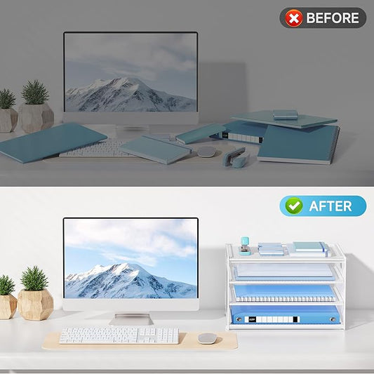 Lavatino 3-Tier Letter Tray Desk Organizer, Mesh Metal Paper File Tray Organizer for Desk, Office Supplies & Home Organization, Fits A4 Paper, Mail, Magazines & Office Accessories (White with Handle)