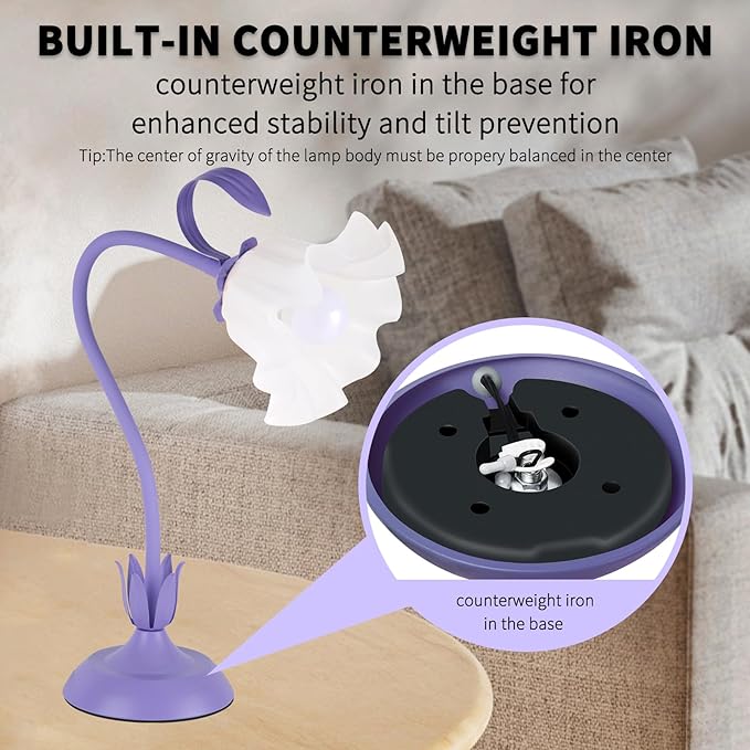 Cute Flower Desk Lamp, 3 Color Temperature Table Lamp with LED Bulb, Vintage Bedside Lamps, Reading Lamps with Soft Light for Bedroom, Living Room（Purple）