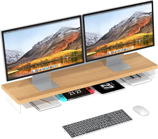 Dual Monitor Stand Riser, 40" Large Computer Monitor Stands for 2 Monitors, Wooden Desktop Organizer Shelf for Office Desk Computer, Laptop, TV, Monitor, Printer