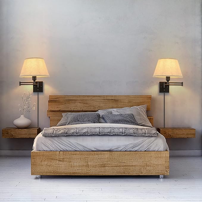 TRLIFE Dimmable Wall Sconce Plug in, Wall Sconces Set of Two Swing Arm Wall Lights with Plug in Cord and On/Off Dimmer Rotary Switch, 11.8" Large Beige Fabric Shade(2 Pack, 2 Bulbs Included)