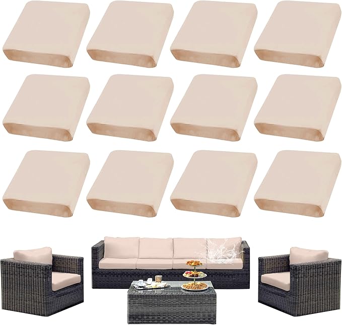 12Pcs Patio Cushion Covers Waterproof, Outdoor Cushion Covers, Stretch Couch Covers, Patio Couch Slipcovers, Patio Cushion Covers Replacement, Outdoor Chair Cushion Covers (Off-White)
