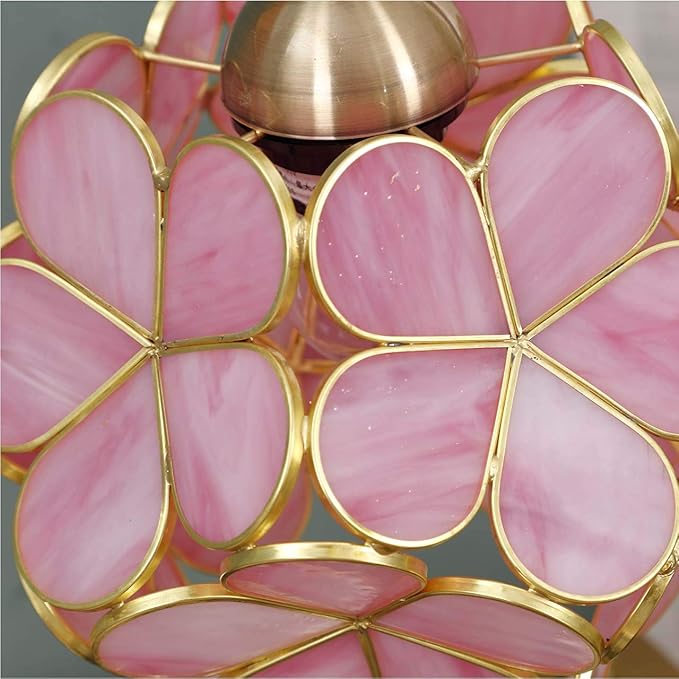 Bieye L10732 Tiffany Style Stained Glass Flower Petal Table Lamp with Brass Base for Home Décor (Pink, 8" Cherry Blossom)