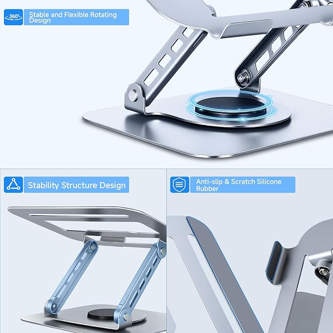 Leeboom Laptop Stand for Desk, Ergonomic 360° Rotating Aluminum Laptop Riser, Adjustable Notebook Holder Compatible with MacBook Air/Pro, Dell, HP, Lenovo (10-15.6 Inch, Silver)