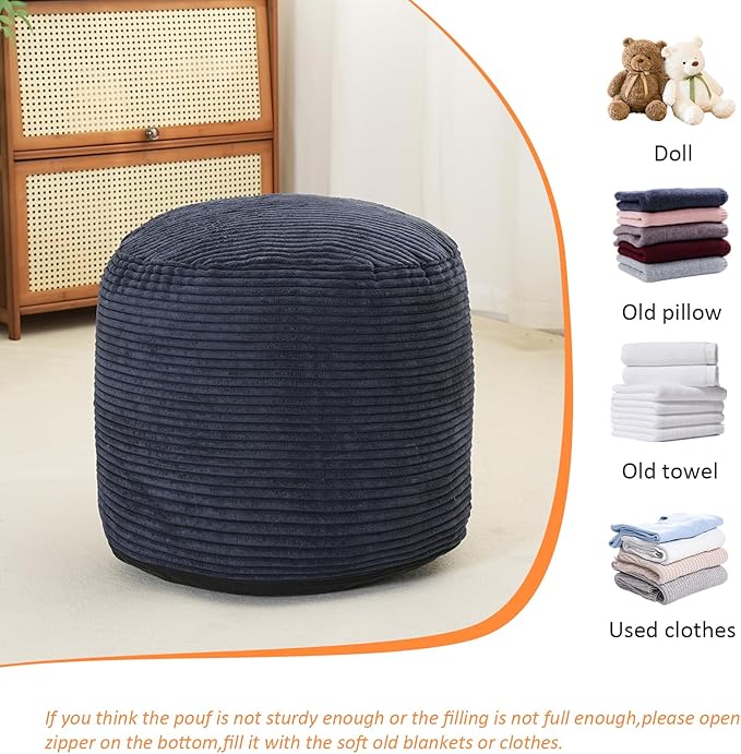 Pouf Ottoman Stuffed Round Modern Foam Filled Foot Rest Poufs for Living Room Chair Decorative 20 X 15 Inches Fluffy Pouf Foot Stool Storage Ottoman, Navy Blue