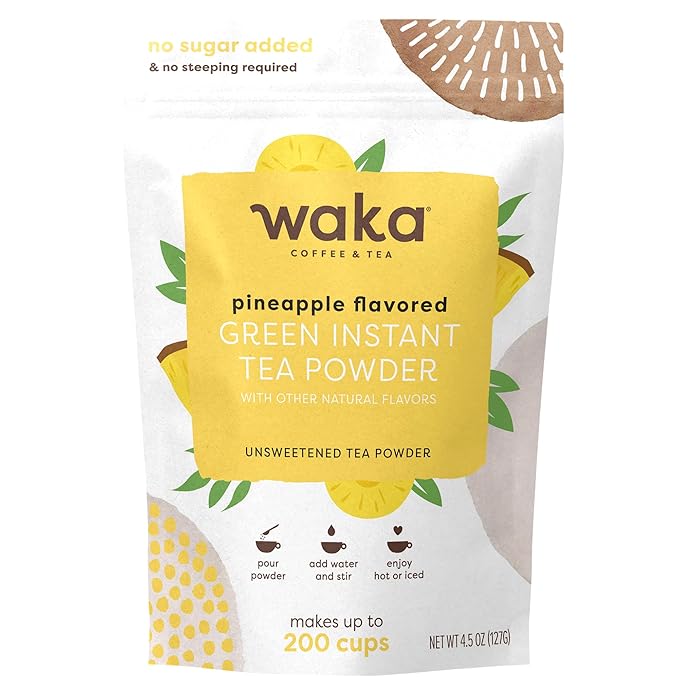 Waka Instant Green Tea Mix, Pineapple Flavored - 100% Tea Leaves, No Additives, Unsweetened Tea Powder in Bulk Pouch – Easy Quick Hot and Iced Teas, Up to 200 Cups (4.5oz)