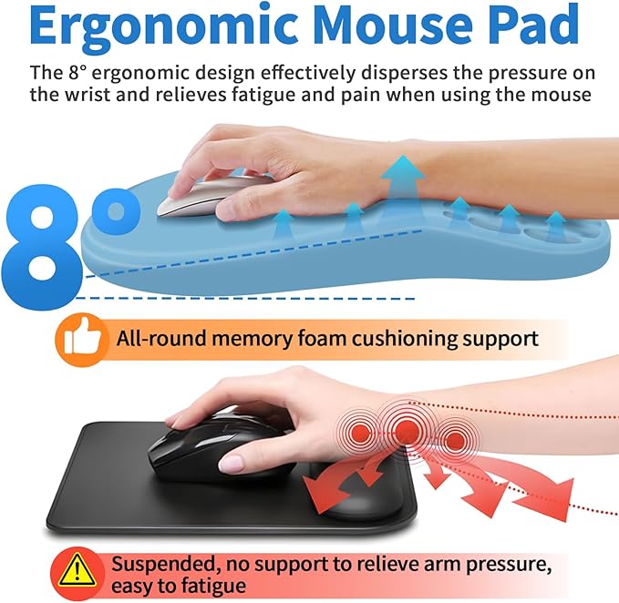 Ergonomic Mouse Pad with Wrist Rest Support, Mousepad with Comfortable Memory Foam Wrist Rest and Non-Slip PU Base for Pain Relief, Computer, Laptop, Office, Home (Blue)