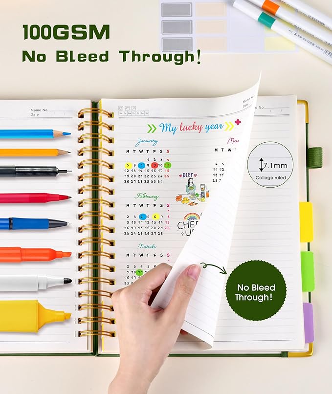 Hardcover Spiral Notebook journal with Removable Dividers Tabs, 300 Pages Leather 5 Subject Notebook College Ruled, 8"x10" Large B5 Notebooks for Work School Note taking, Lined Journal for Women,Green