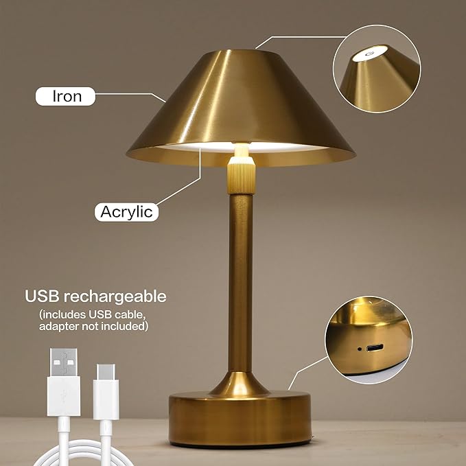 Cordless Table Lamp - Rechargeable Night Light with 2000mAh Battery, Touch Control, Dimmable White/Warm/Neutral Light, Adjustable Height, USB Charging, Ambient LED Bedside Lamp (Gold)