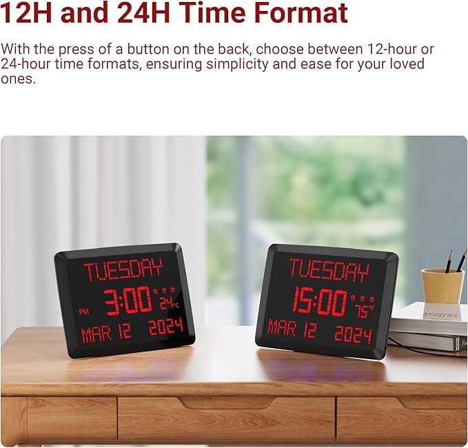 Mesqool Digital Clock, 11.5” Digital Wall Clock with Date,Time,Week, Indoor Temperature, Dimmable, Snooze, 12/24H for Living Room, Elderly, Seniors, Dementia, Alzheimers' Calendar Clock