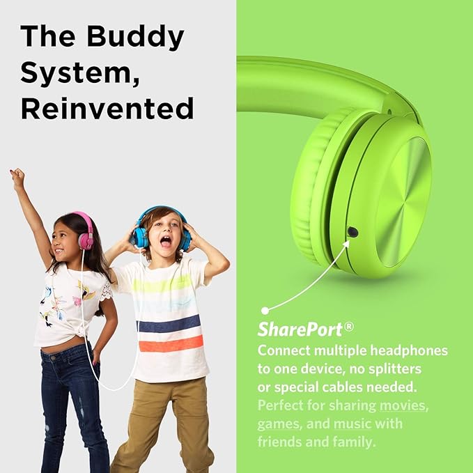 LilGadgets Connect+ Pro Wired Kids Headphones for School w/Microphone, Volume Limiting & Noise Reduction Over-Ear Headset w/Cord, SharePort Technology & SoftTouch Padding, Green Headphones for Kids