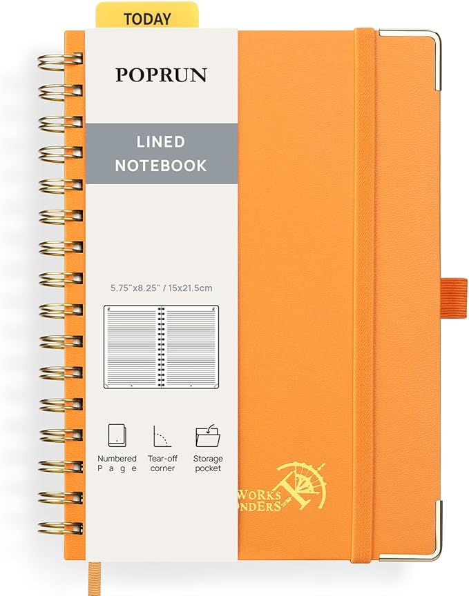 POPRUN Lined Spiral Journal Notebook, [A5-5.75'' x 8.25''] - 120 GSM Thick Paper, 141 Numbered Pages, College Ruled Notebook for Men & Women with Pocket, Index Tabs, 8 Perforated Sheets, Orange