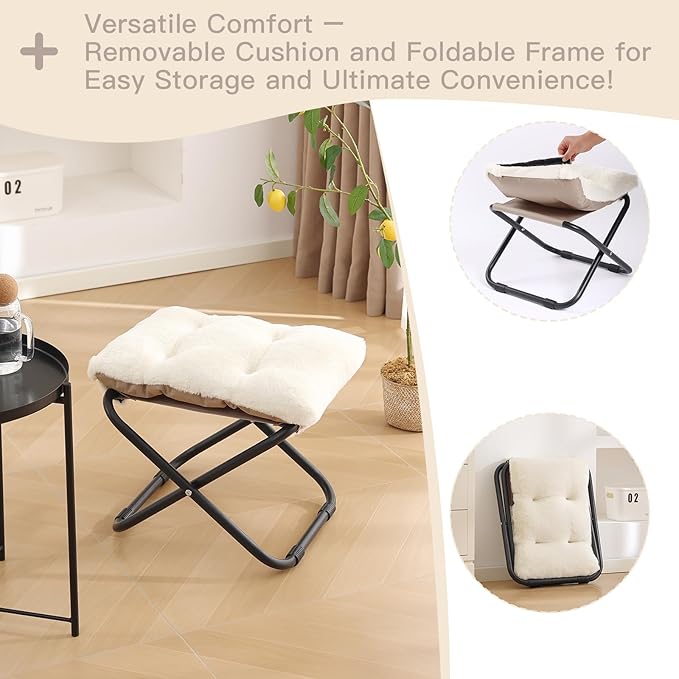 LITA Folding Footrest Stool, Portable Ottoman Foot Rest, Upholstered Small Foldable Ottoman Stool with Detachable Thick Cotton Cushion Padded Sofa Stool for Living Room, Bedroom, Plush Beige