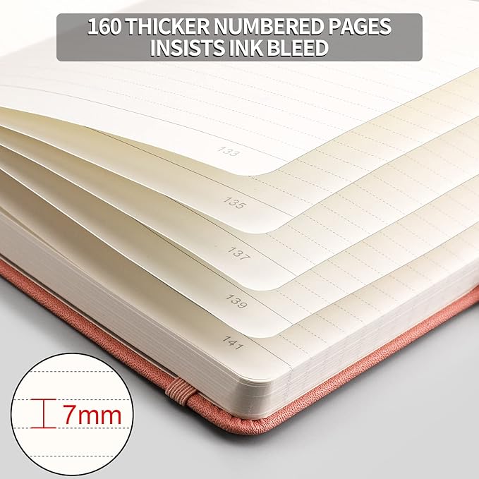 AHGXG Thick Journal Lined Notebook, 320 Numbered Pages Leather Journal for Women, A5 Notebook College Ruled, 100gsm Paper,Faux Leather Hardcover, 5.75'' X 8.38''-Pink