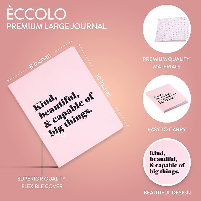 Eccolo Large Lined Journal Notebook, Flexible Cover, Writing Journal, 256 Ruled White Pages, Ribbon Bookmark, Lay Flat, Desk Size for Work or School, Beautiful & Capable (Pink, 8x10 inches)