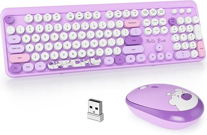 GTSP Typewriter Purple Keyboard and Mouse Wireless, Cute Keyboard 2.4G Office Full-Size Retro with Round Keycaps for Laptop PC Desktops（Purple）