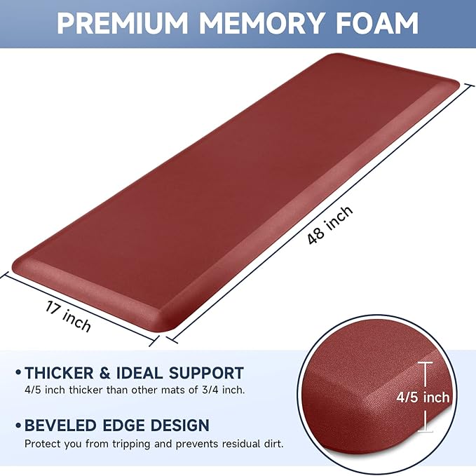 StepRite 4/5 Inch Thick Kitchen Mat Anti Fatigue Mat Kitchen Rugs Kitchen Decor Non-Slip, Stain Resistant, Waterproof Kitchen Mats Desk Mat for Kitchen, Office, Workshop, Red, 17'' x 47''