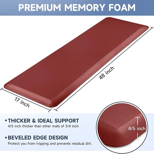 StepRite 4/5 Inch Thick Kitchen Mat Anti Fatigue Mat Kitchen Rugs Kitchen Decor Non-Slip, Stain Resistant, Waterproof Kitchen Mats Desk Mat for Kitchen, Office, Workshop, Red, 17'' x 47''