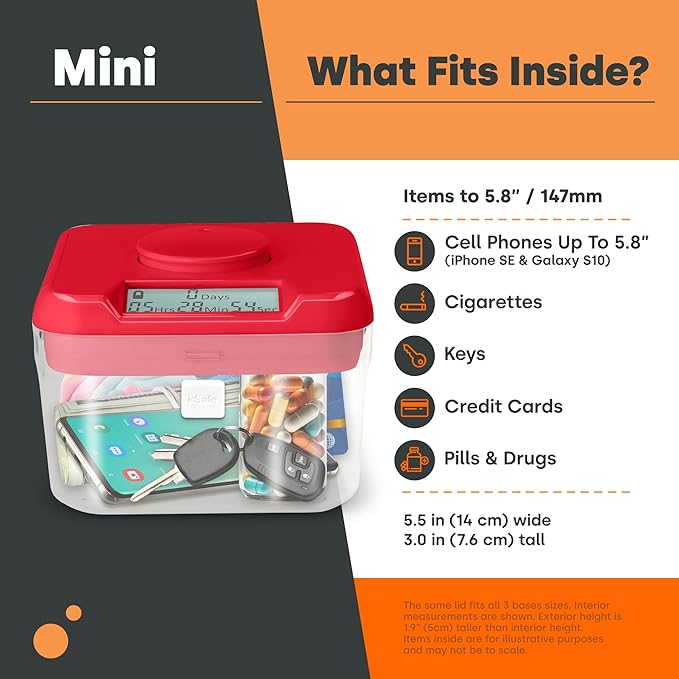 kSafe Time Locking Container Mini - Habit Control Device, Snack Safe, Tech Lock Box, Medication Timer Box, No Overrides, BPA-Free Plastic, 4.25” W x 3” H, White Lid, Clear Base