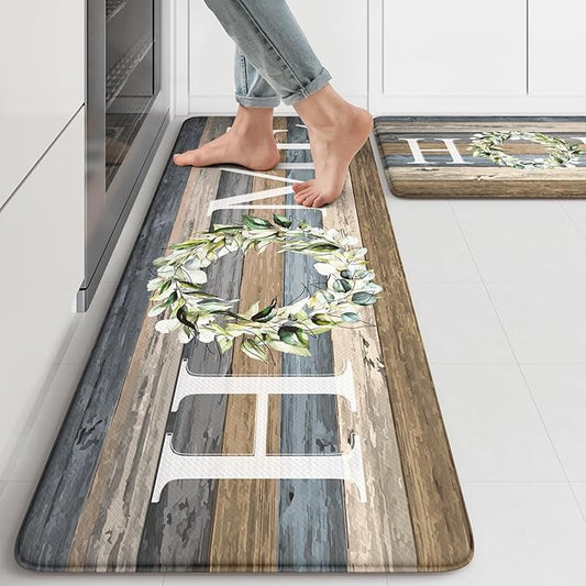 KIMODE Farmhouse Kitchen Mats for Floor 2 Piece,Cushioned Anti Fatigue Rugs Non Slip,Memory Foam Waterproof Carpet for Sink Laundry Office Bathroom,Blue 17"x47"+17"x29"