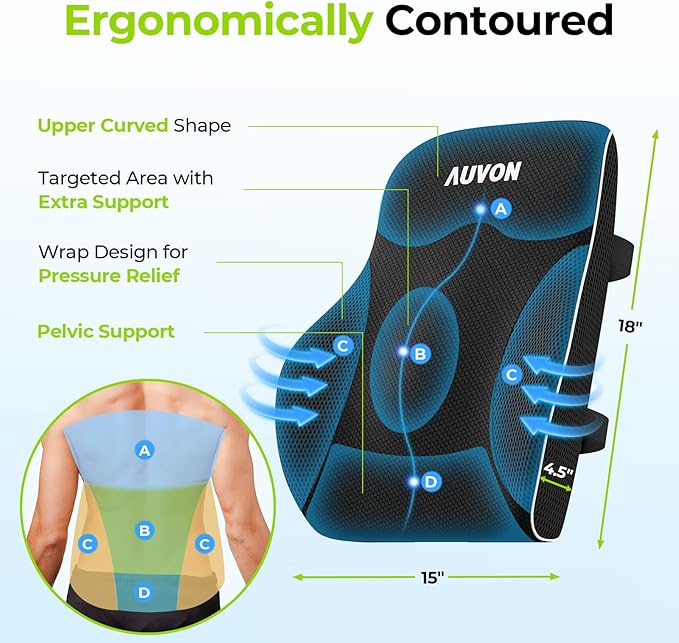 AUVON Lumbar Support Pillow for Office Chair with Patented Bulge for Lower Back Support, Ergonomic Office Home Essentials Improve Posture, Memory Foam Chair Cushion with Straps for Home, Office, Car