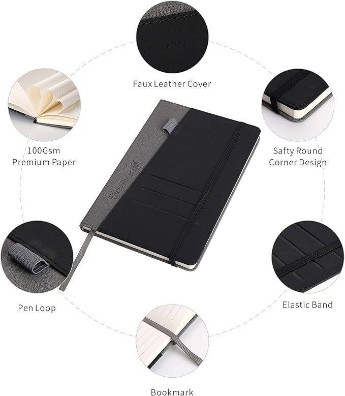 Deziliao Lined Journal Notebooks with Pen Loop, Hardcover Notebook Journal for Work, 100Gsm Premium Thick Paper with Inner Pocket, Medium 5.7''''x8.4'''', ?Black, Ruled, 1 Pack