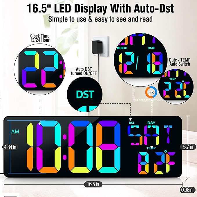 TXL16.5 Digital Wall Clock Large Display, LED Wall Clock RGB Color Changing, Count Up/Down Timer Clock with Remote Control, Adjustable Brightness Alarm Clock for Home, Office, Gym, Elderly, Auto DST