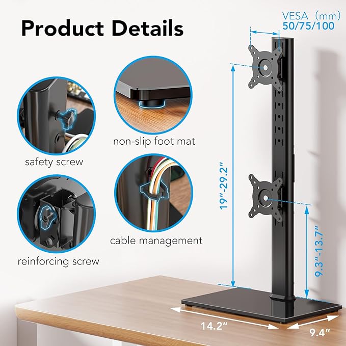 AX WABER Dual Monitor Stand Vertical Stack Screen Free-Standing Desk Mount Arm Riser Fits Two 13 to 34 Inch Computer Monitors with Swivel,Tilt, Height Adjustable,VESA Stand 100x100mm, 75x75mm AX05TB02