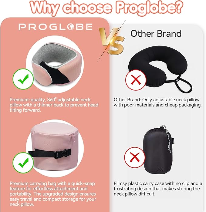 Proglobe Junior Kids Travel Neck Pillow - Ergonomic Memory Foam Pillow for Airplane, Car, Booster Seat - Soft, Washable, Compact Travel Pillow with Strap - Light Pink - Ages 4-13
