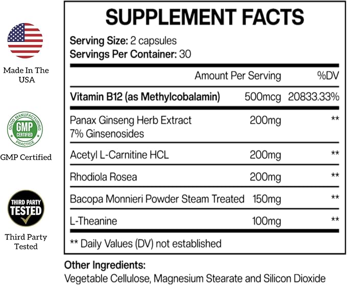 Power Through - Nootropic Brain Supplement for Memory and Focus with L-Theanine, Bacopa Monnieri, Rhodiola Rosea, B12, Energy Pills, Mood Support & Best Brain Supplement for Memory Focus