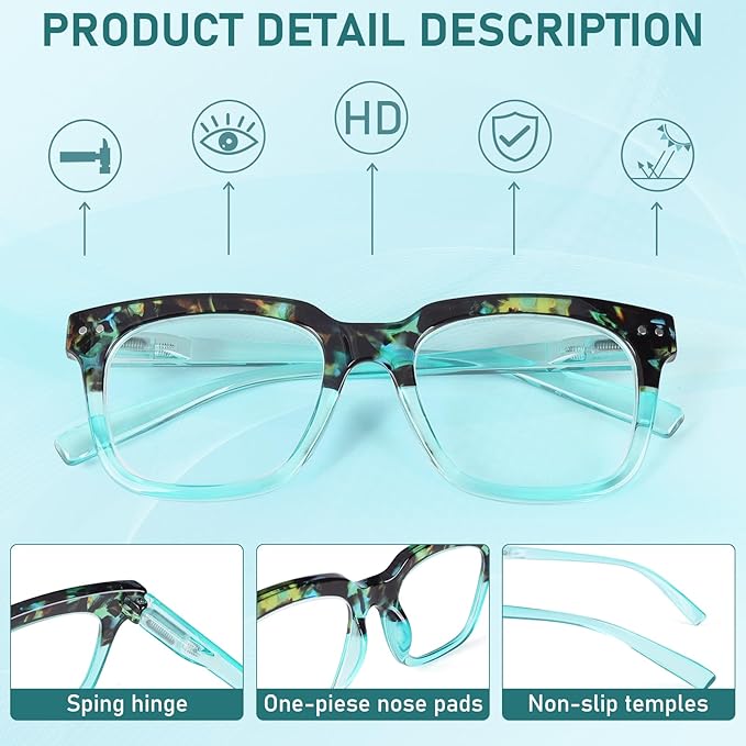 Progressive Multifocus Reading Glasses for Women Men Blue Light Blocking Spring Hinge Square Computer Readers