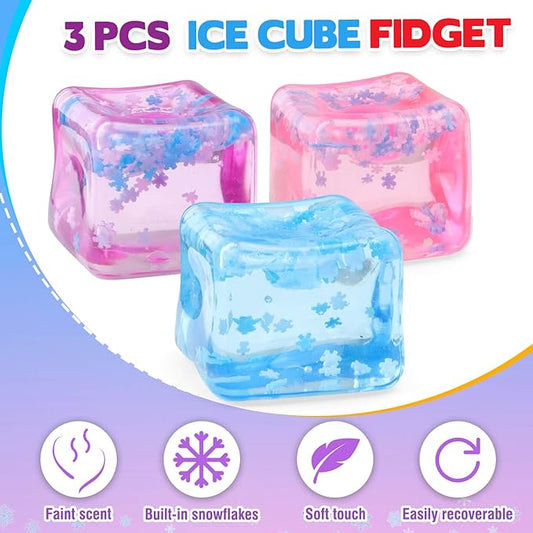 Ice Cube Fidget Toy for All Ages: 3 Pcs Sensory Squishy Fidget Toys, Square Stress Balls, Classroom Prizes, Anxiety Relief Stress Cube Gift for Kids Teens Adults