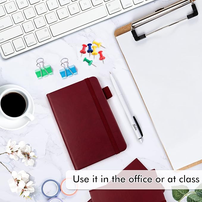 feela 3 Pack Pocket Notebook Journals with 3 Black Pens, A6 Mini Cute Small Journal Notebook Bulk Hardcover College Ruled Notepad with Pen Holder for Office School Supplies, 3.5”x 5.5”, Wine