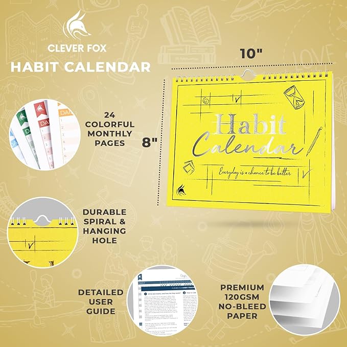 Clever Fox Habit Tracker Calendar – Inspirational Goal Tracker and Habit Calendar for Atomic Habits – Colorful Habit & Goal Planner Journal to Boost Productivity – 24 Months, 10″ x 8″ (Yellow)