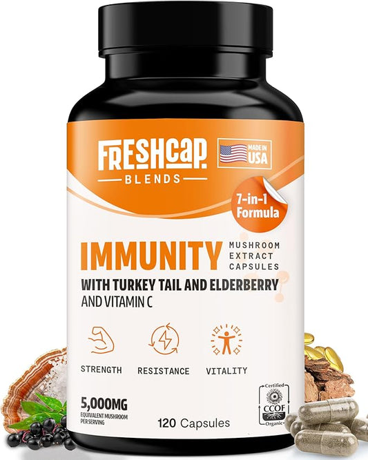 FreshCap 7-in-1 Immune Support Supplement - 5000mg Turkey Tail Mushroom Capsules, Immune Boosters for Adults, Immunity Boost Supplement, Elderberry Vitamin C and Zinc, Ayurveda (120 Capsules)